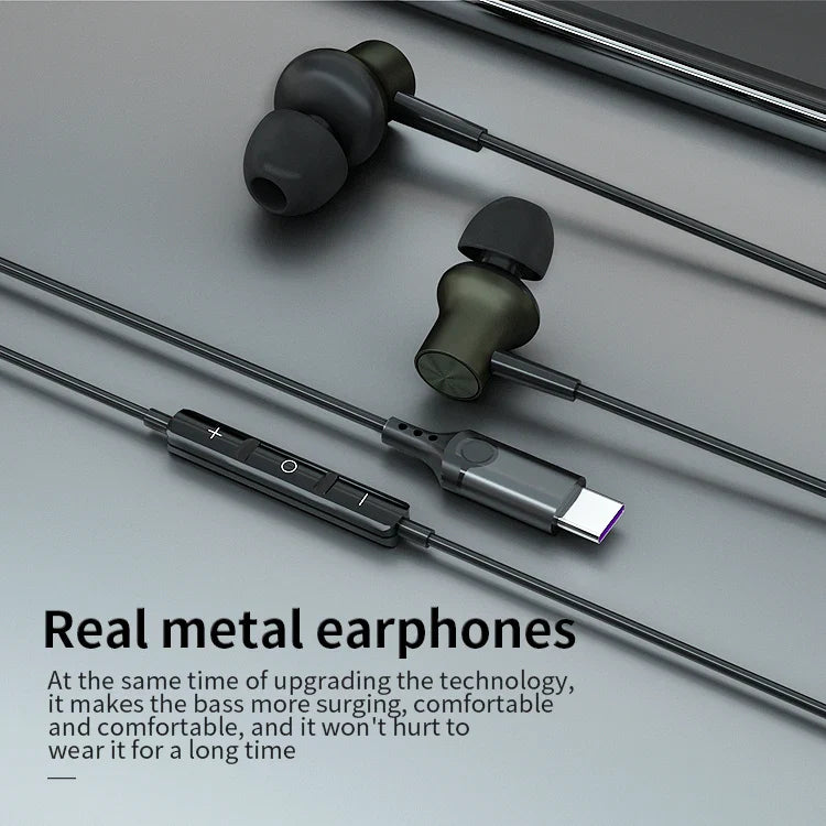 HKM-623443 Wired Type C Earphones with Mic and Volume Control for iPhone 15, Huawei, and Samsung Devices