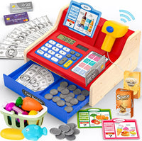 HKM-623507 Wooden Pretend Play Cash Register with Scanner - Rechargeable Mini Toy for Kids