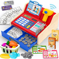HKM-623507 Wooden Pretend Play Cash Register with Scanner - Rechargeable Mini Toy for Kids