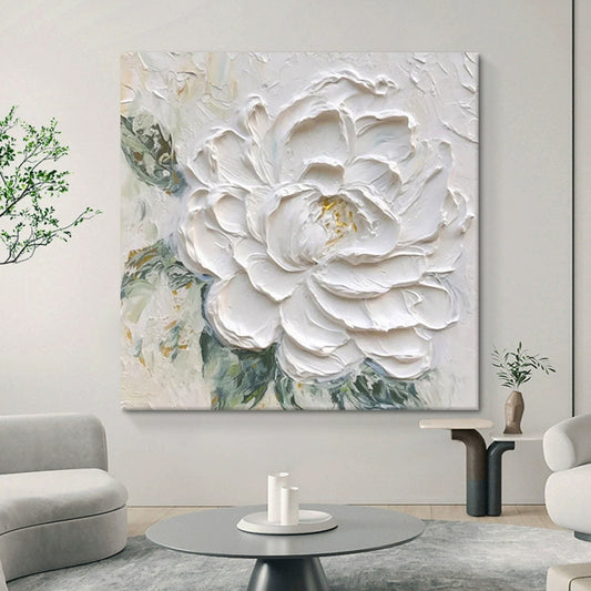 HKM-623635 Cream Wind White Peony Thick Textured Hand-Drawn Oil Painting – Frameless or Framed Options Available