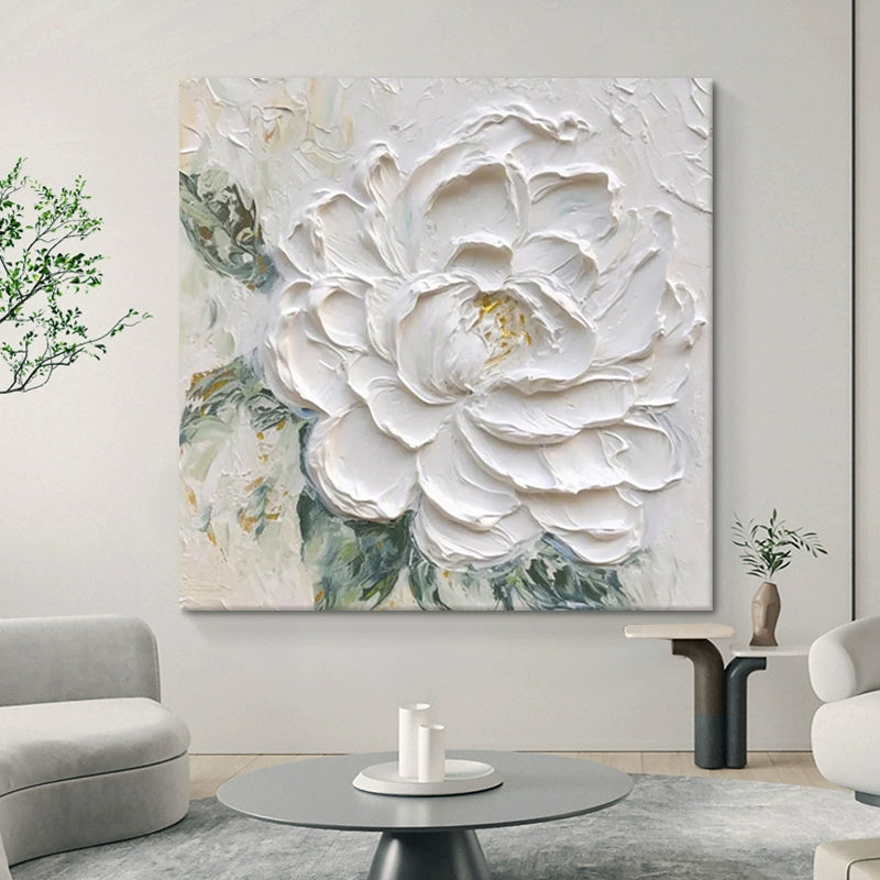 HKM-623635 Cream Wind White Peony Thick Textured Hand-Drawn Oil Painting – Frameless or Framed Options Available