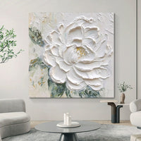HKM-623635 Cream Wind White Peony Thick Textured Hand-Drawn Oil Painting – Frameless or Framed Options Available