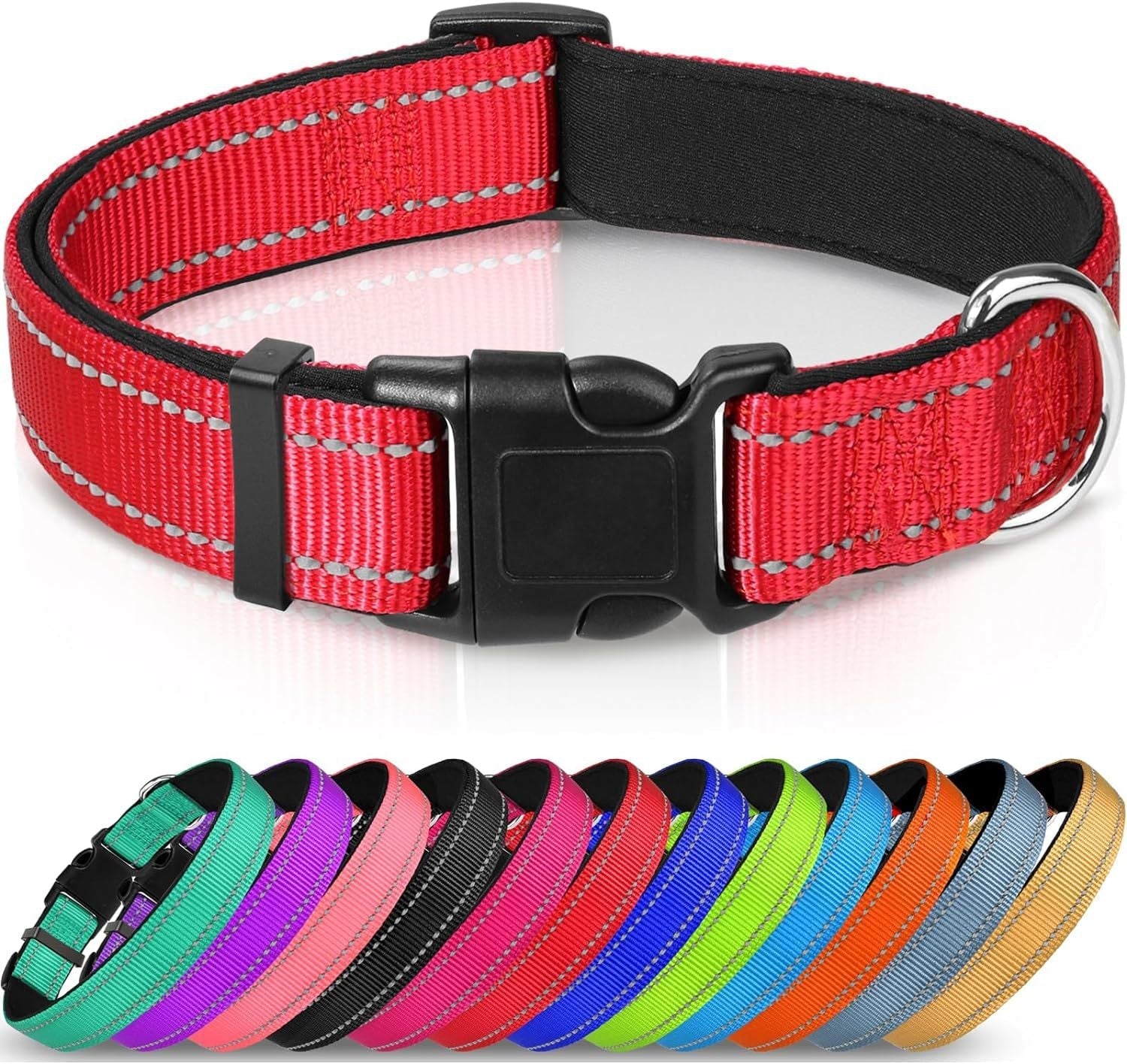 HKM-6238653 Adjustable Reflective Nylon Dog Collar for Small to Extra Large Pets - Multiple Color Options Available