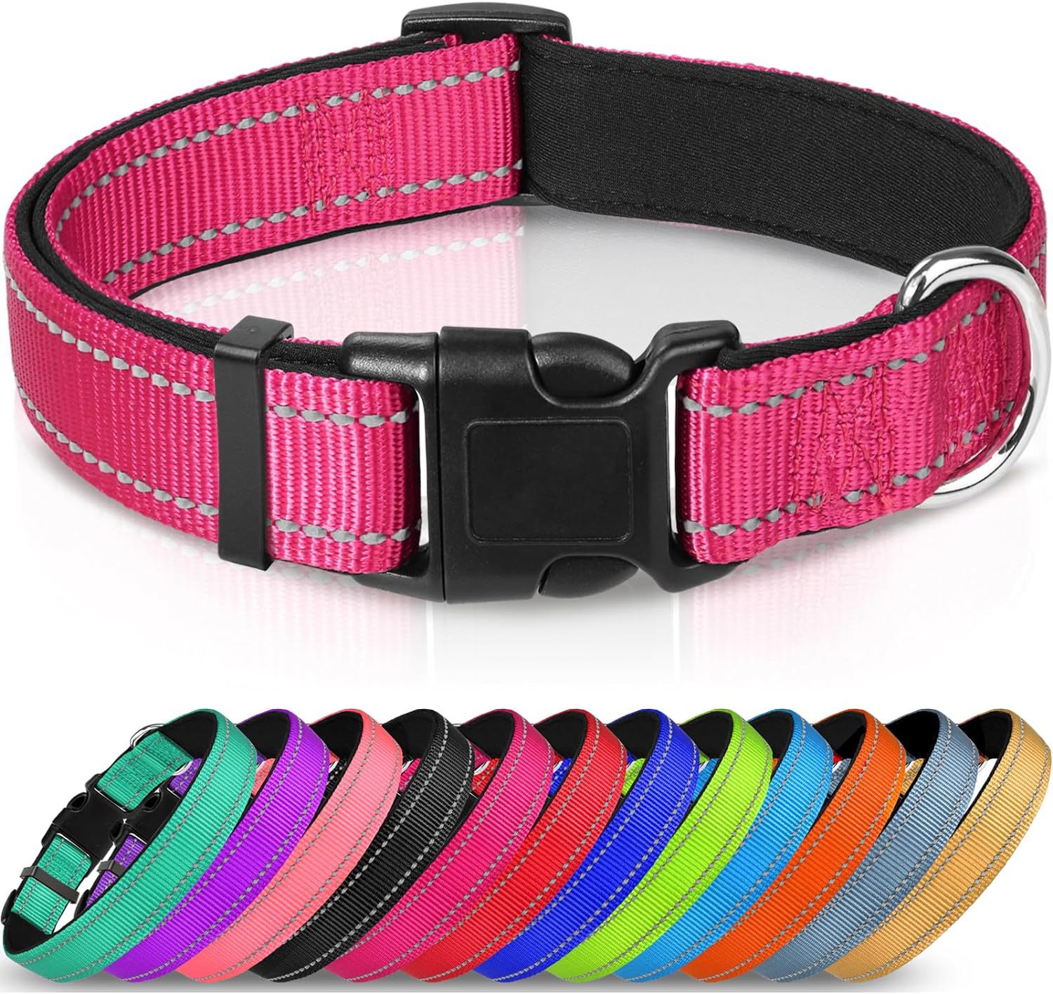 HKM-6238653 Adjustable Reflective Nylon Dog Collar for Small to Extra Large Pets - Multiple Color Options Available