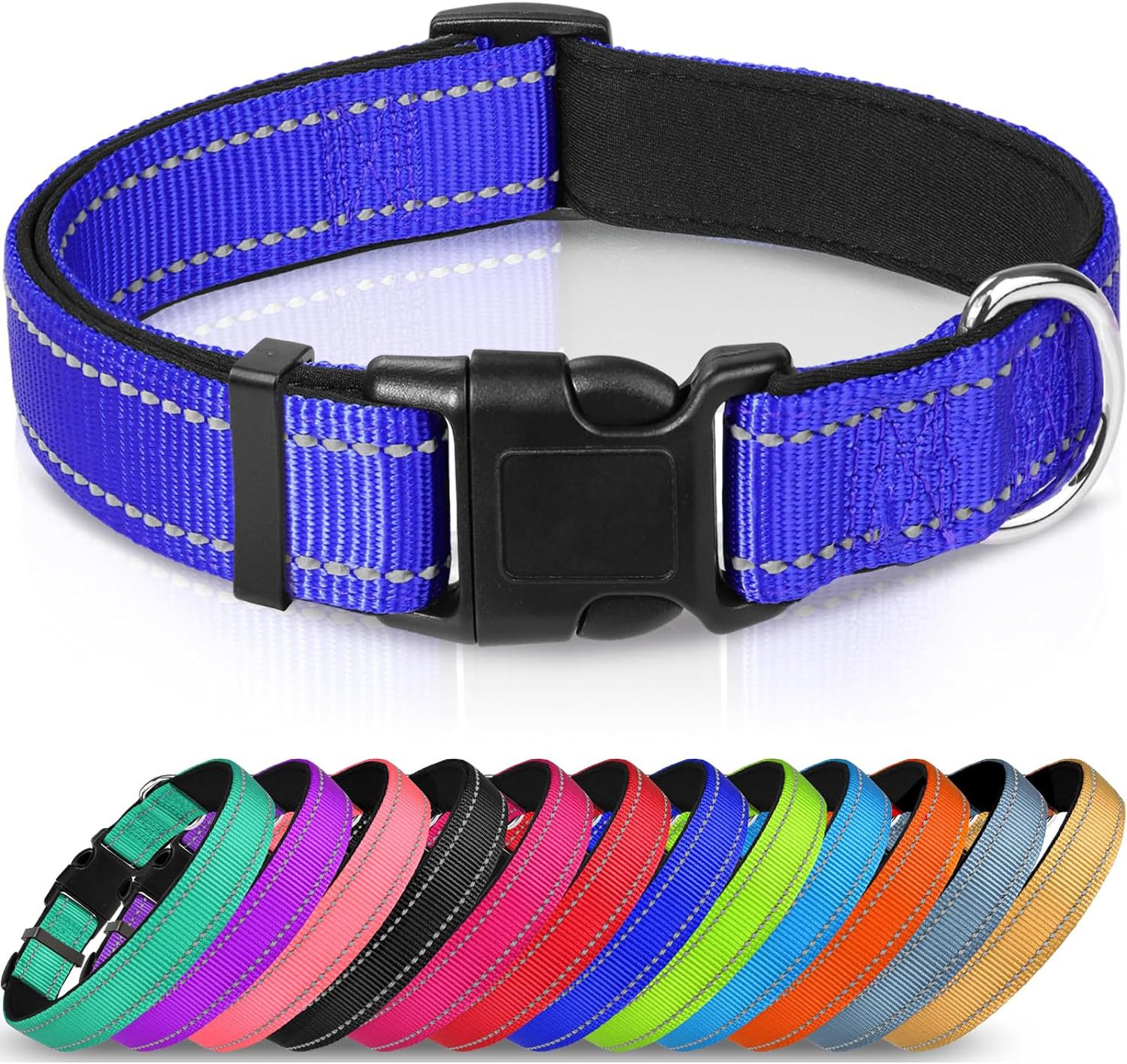 HKM-6238653 Adjustable Reflective Nylon Dog Collar for Small to Extra Large Pets - Multiple Color Options Available