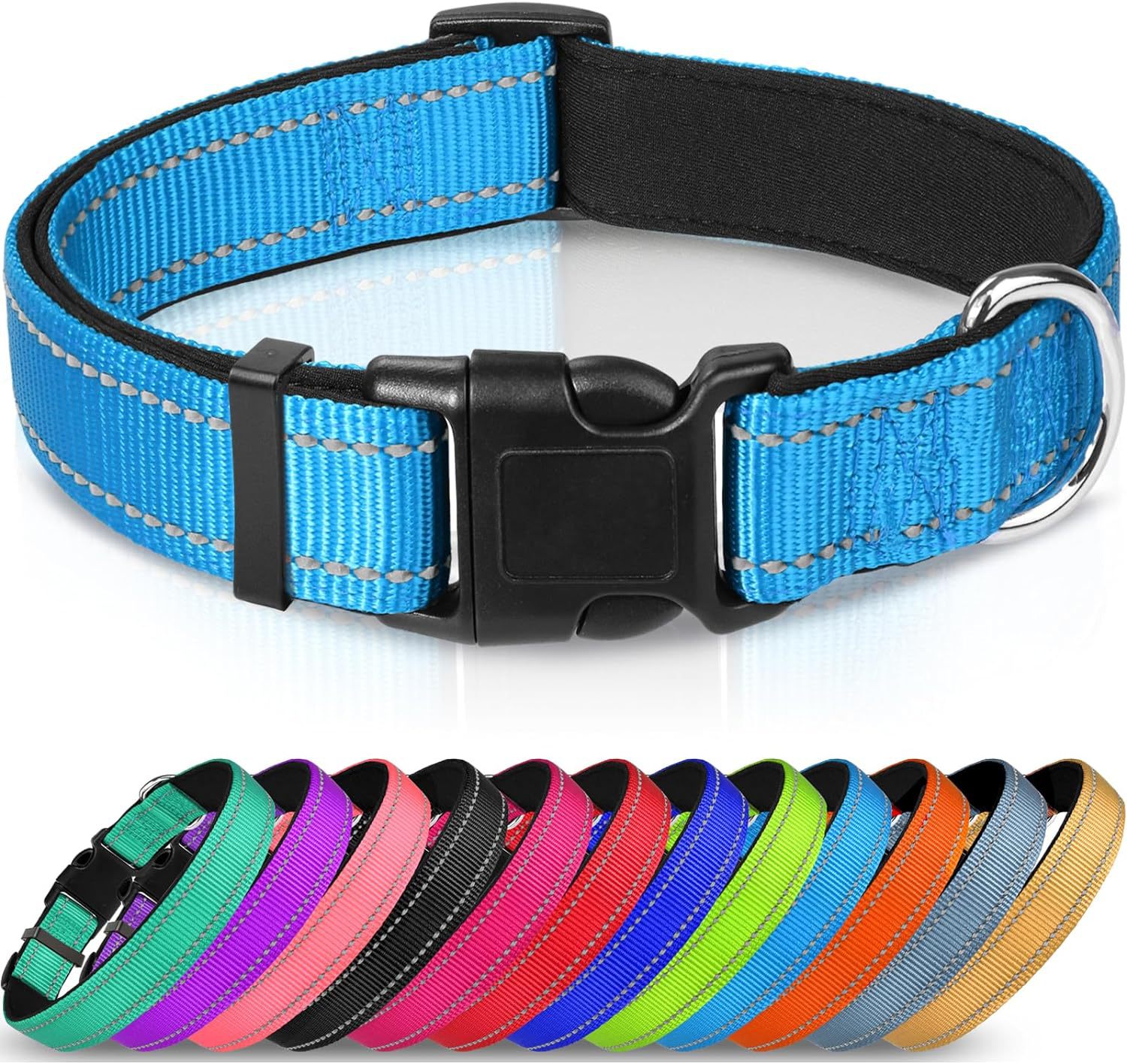 HKM-6238653 Adjustable Reflective Nylon Dog Collar for Small to Extra Large Pets - Multiple Color Options Available