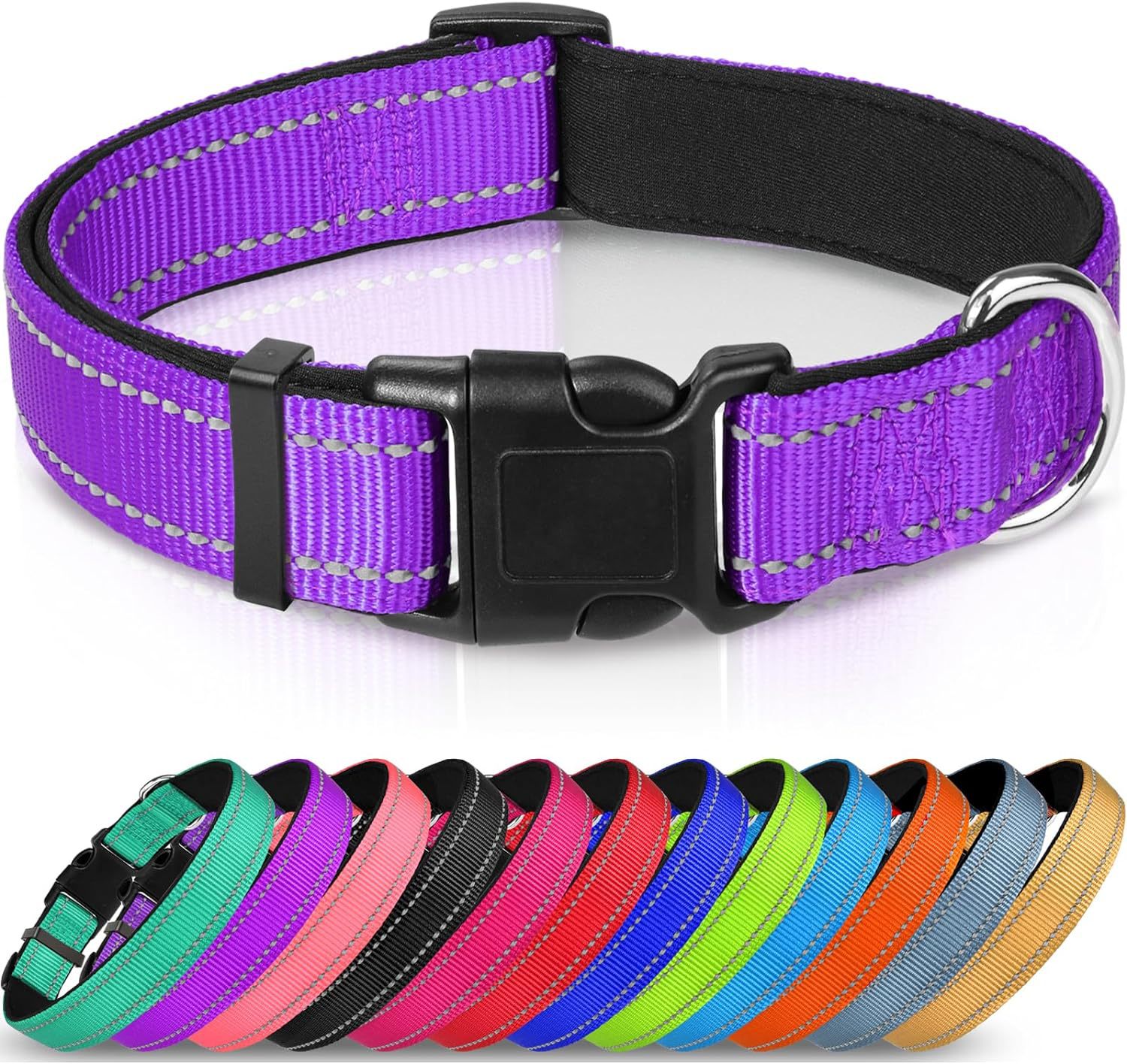 HKM-6238653 Adjustable Reflective Nylon Dog Collar for Small to Extra Large Pets - Multiple Color Options Available