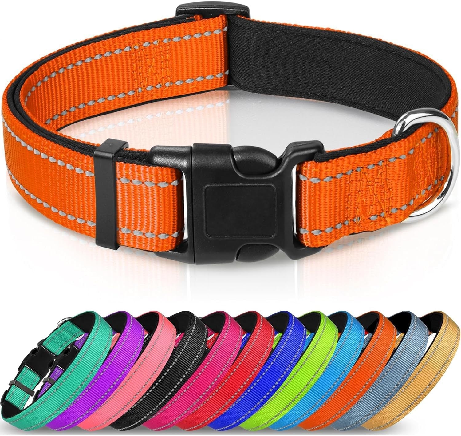 HKM-6238653 Adjustable Reflective Nylon Dog Collar for Small to Extra Large Pets - Multiple Color Options Available