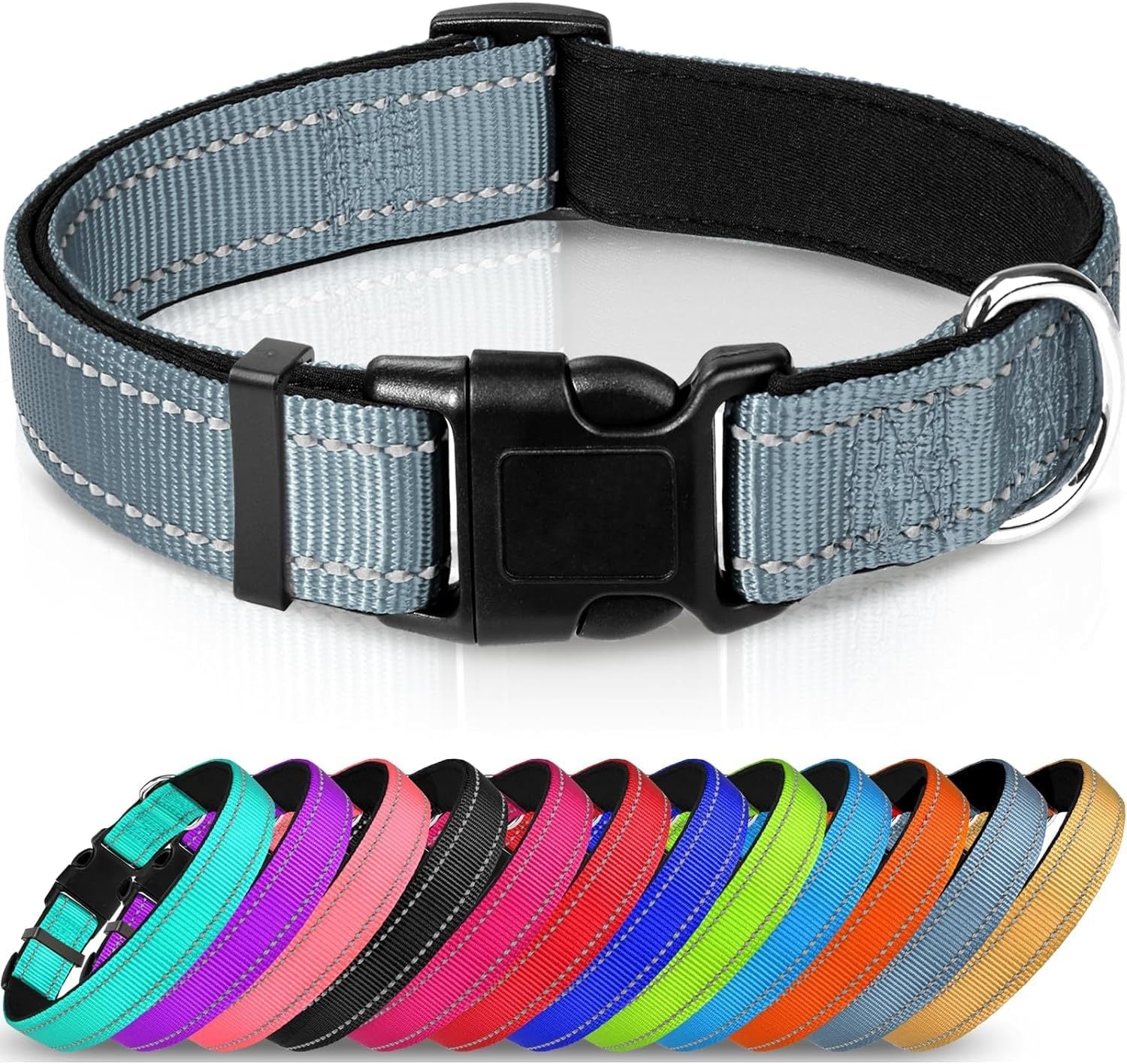 HKM-6238653 Adjustable Reflective Nylon Dog Collar for Small to Extra Large Pets - Multiple Color Options Available