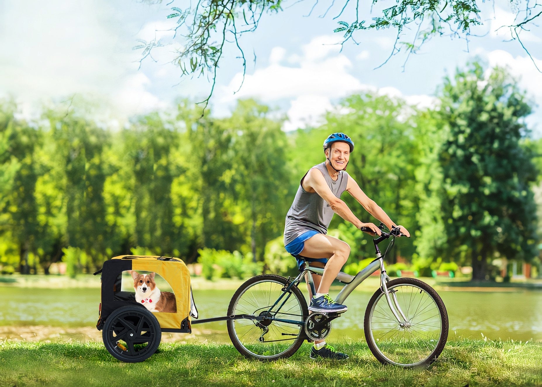 HKM-6238909 Heavy Duty Yellow Foldable Pet Stroller with Bicycle Tow and Weatherproof Canopy for Dogs