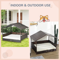 HKM-6241085 Outdoor Dog Bed with Canopy, Rattan House and Soft Removable Cushion for Medium to Large Dogs