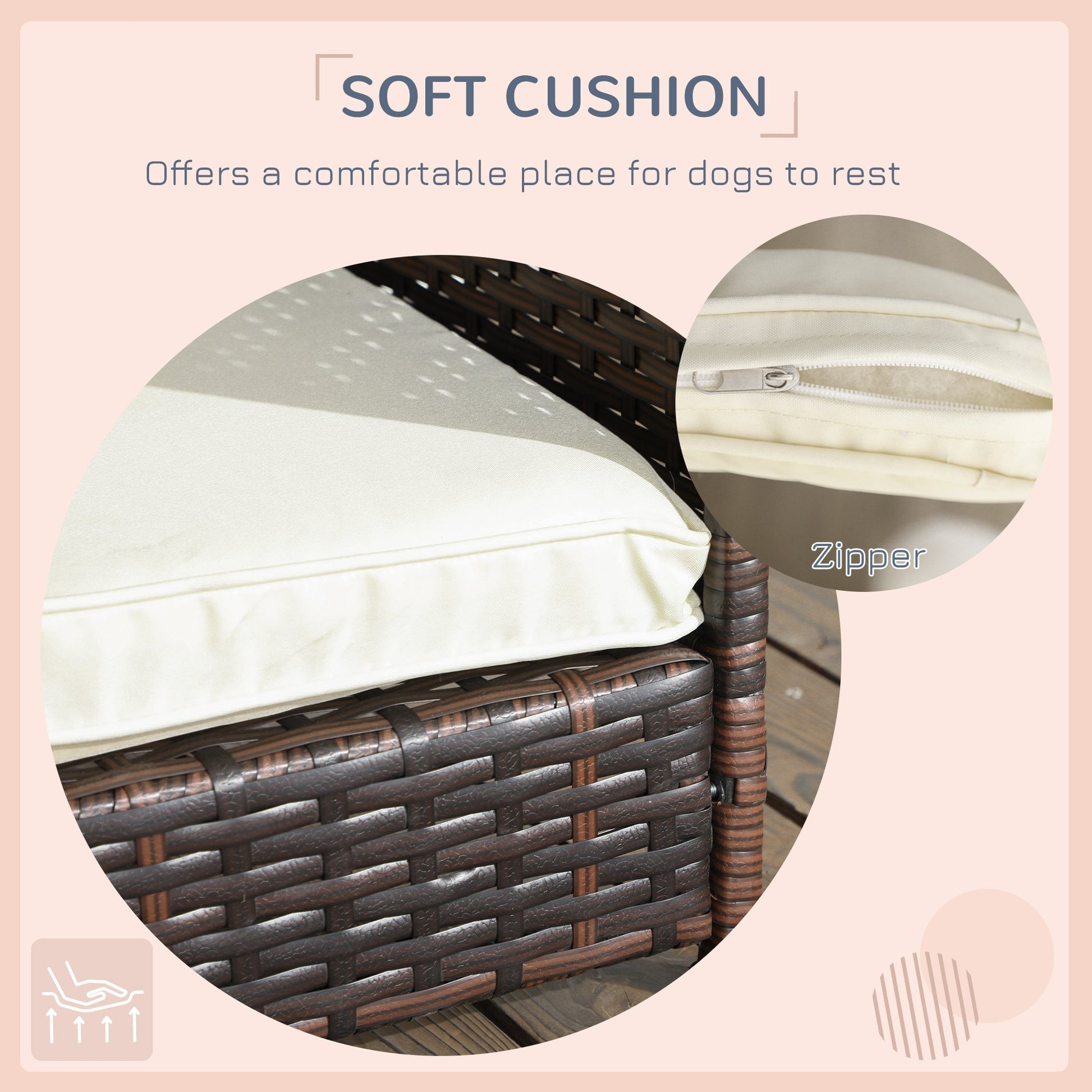 HKM-6241085 Outdoor Dog Bed with Canopy, Rattan House and Soft Removable Cushion for Medium to Large Dogs
