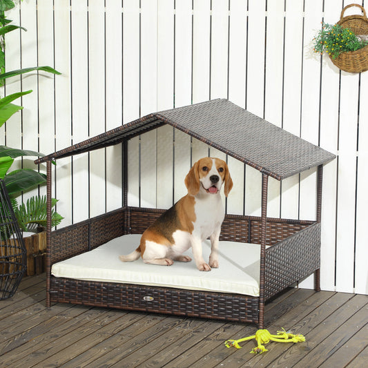 HKM-6241085 Outdoor Dog Bed with Canopy, Rattan House and Soft Removable Cushion for Medium to Large Dogs