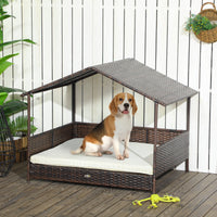 HKM-6241085 Outdoor Dog Bed with Canopy, Rattan House and Soft Removable Cushion for Medium to Large Dogs