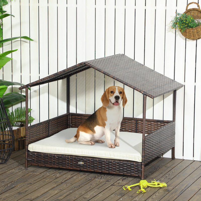HKM-6241085 Outdoor Dog Bed with Canopy, Rattan House and Soft Removable Cushion for Medium to Large Dogs