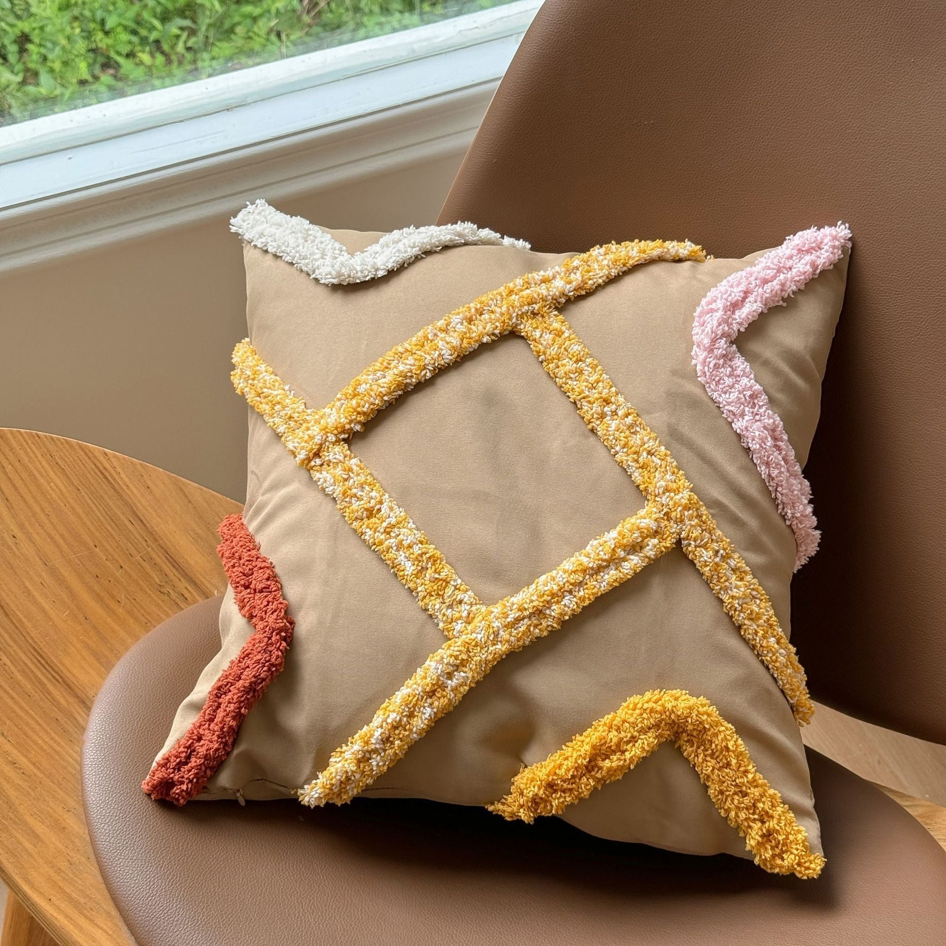 HKM-624659 Bohemian Striped Tufted Pillow Cover in Khaki, Blue, Pink, Gray, and Beige - 45x45cm