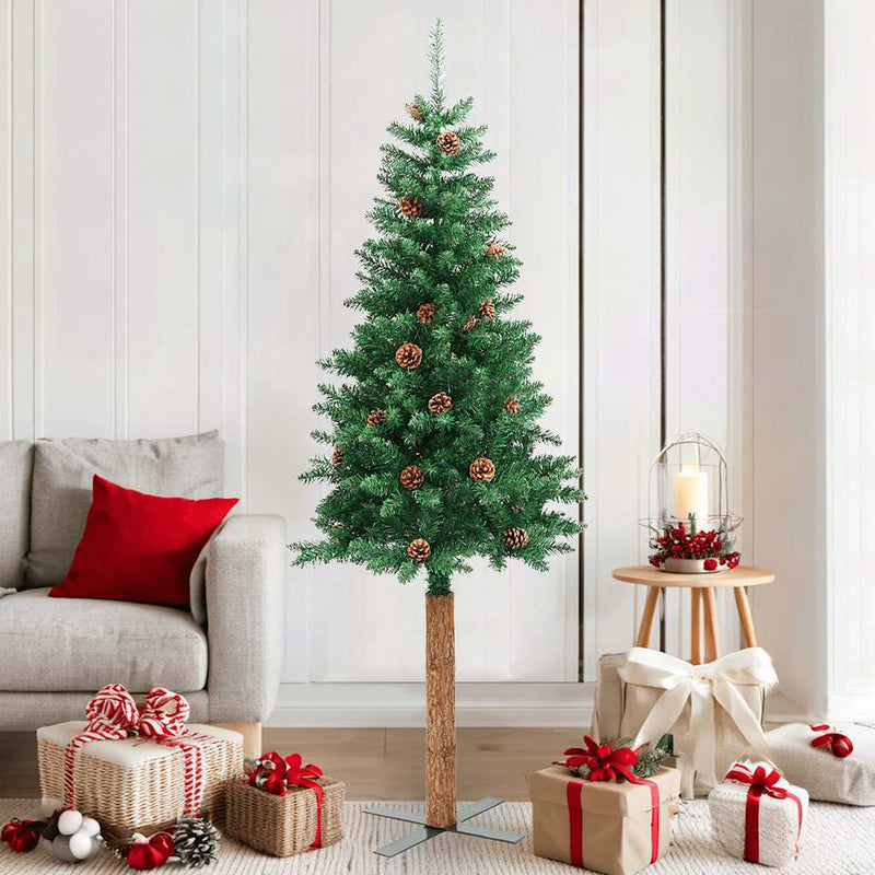 HKM-624659 Slim Christmas Tree with Real Pine Wood and Decorative Cones, 180 cm Height