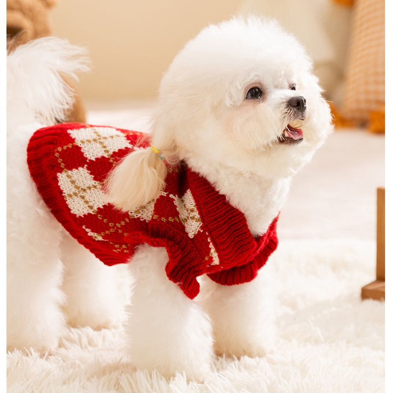 HKM-6246973 Diamond-Patterned Cherry Embroidered Sweater for Small and Medium Dogs and Cats