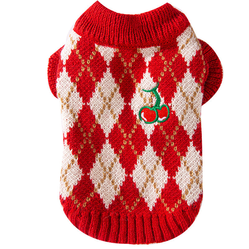 HKM-6246973 Diamond-Patterned Cherry Embroidered Sweater for Small and Medium Dogs and Cats