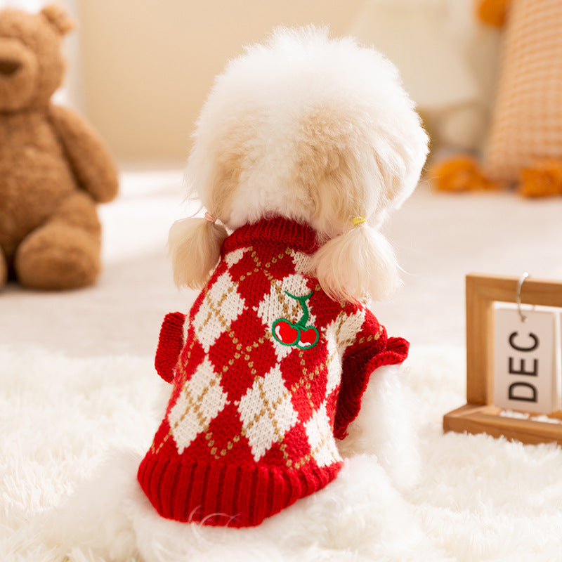 HKM-6246973 Diamond-Patterned Cherry Embroidered Sweater for Small and Medium Dogs and Cats