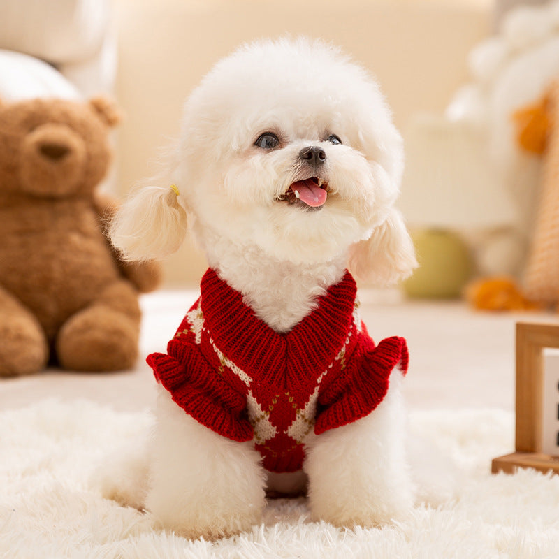 HKM-6246973 Diamond-Patterned Cherry Embroidered Sweater for Small and Medium Dogs and Cats