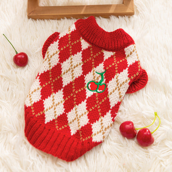 HKM-6246973 Diamond-Patterned Cherry Embroidered Sweater for Small and Medium Dogs and Cats