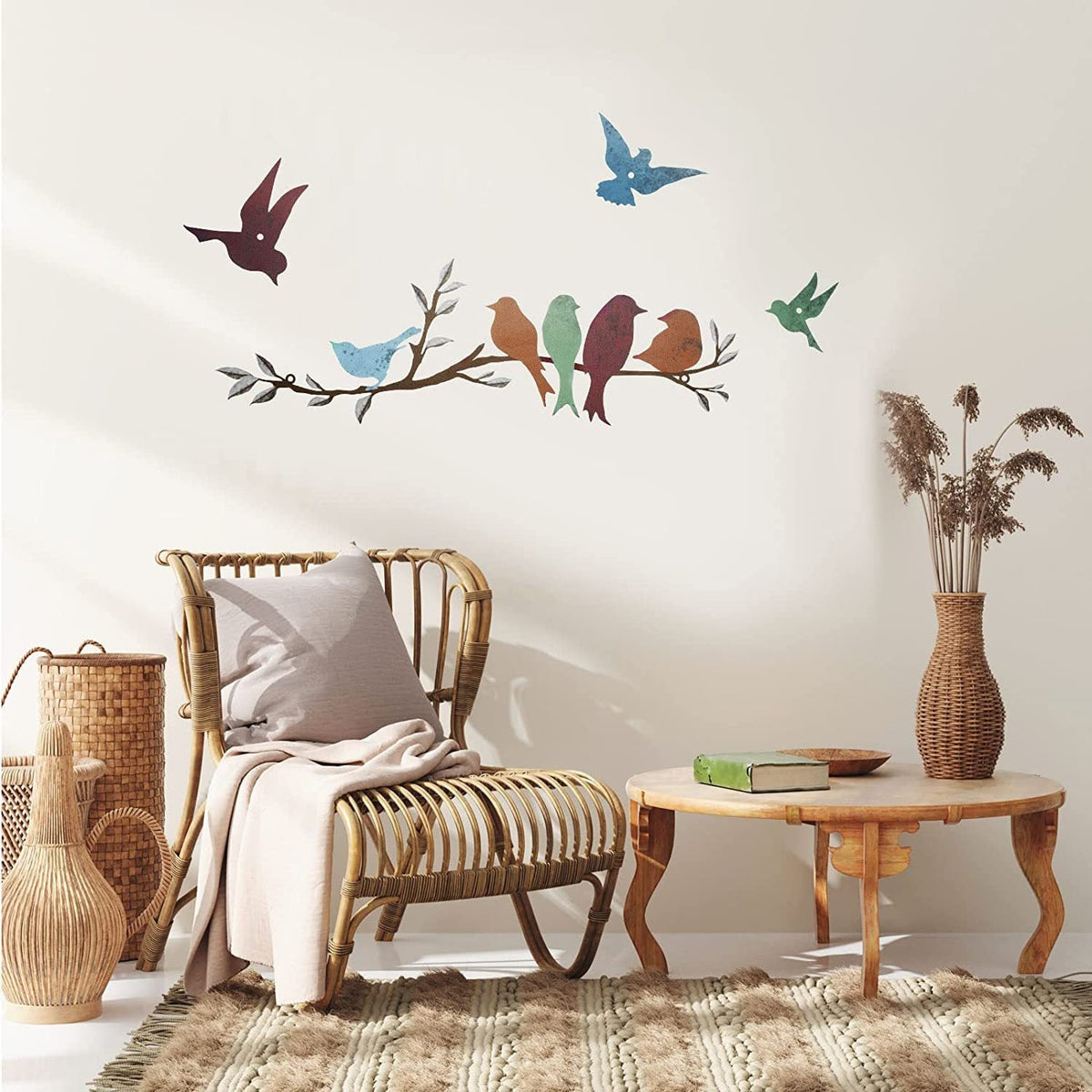 HKM-624787 Bird Branch Wall Decoration - European Style Iron Wall-Mounted Art in Brown Red and Green