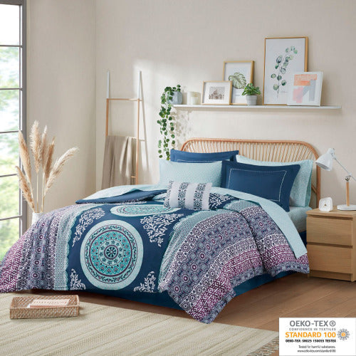 HKM-625171 Queen Size Boho Comforter Set with Bed Sheets, Large Medallion Print, Soft Microfiber, Includes Shams and Pillowcases
