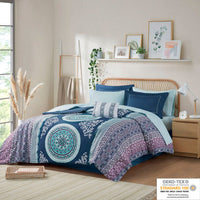 HKM-625171 Queen Size Boho Comforter Set with Bed Sheets, Large Medallion Print, Soft Microfiber, Includes Shams and Pillowcases