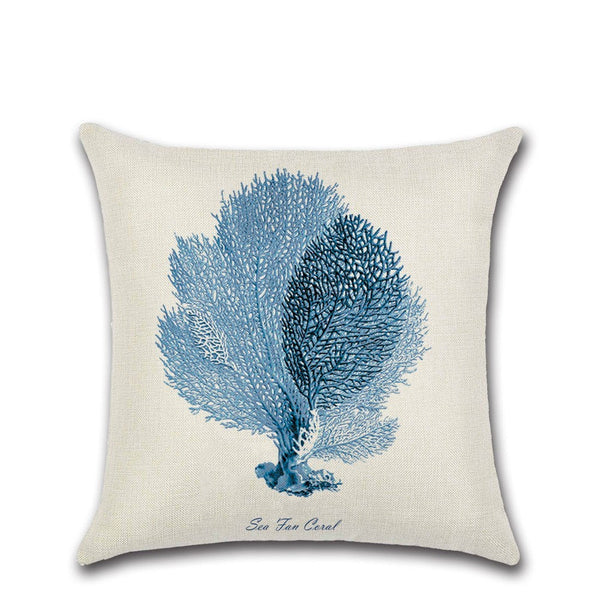 HKM-625235 Coral Cotton Linen Pillowcase with Seaweed and Marine Designs in Multiple Colors