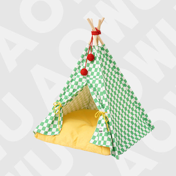 HKM-6252989 All-Season Enclosed Cat Bed with Removable Plush Cushion - Insulated & Washable Design, Green-Check Pattern