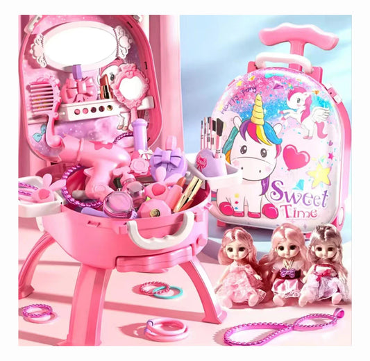 HKM-625491 Princess Makeup Table Play Set for Kids Age 3-6, Pink Simulation Dressing Table Toy