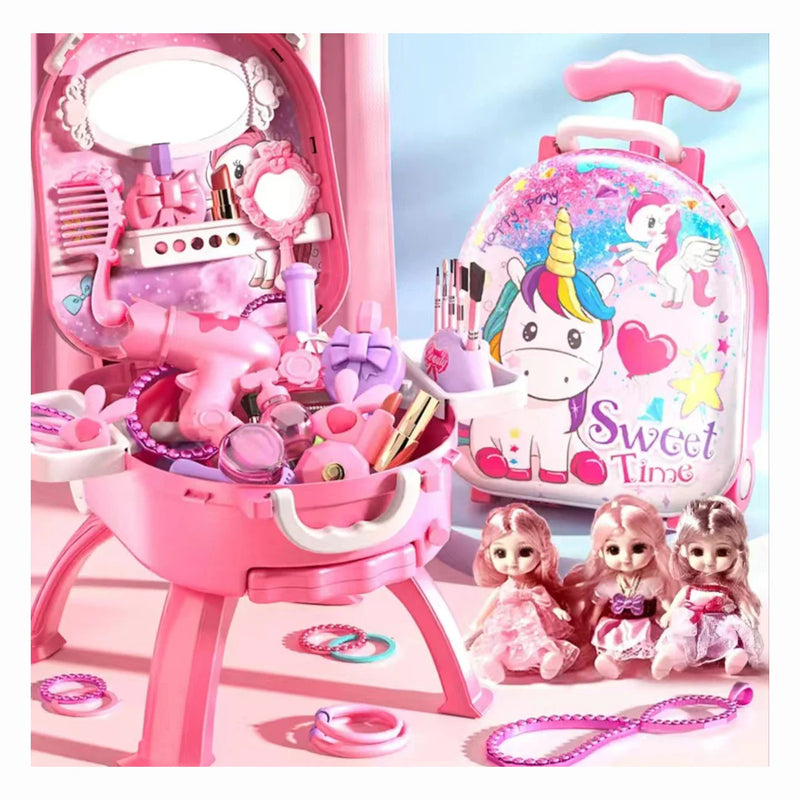 HKM-625491 Princess Makeup Table Play Set for Kids Age 3-6, Pink Simulation Dressing Table Toy