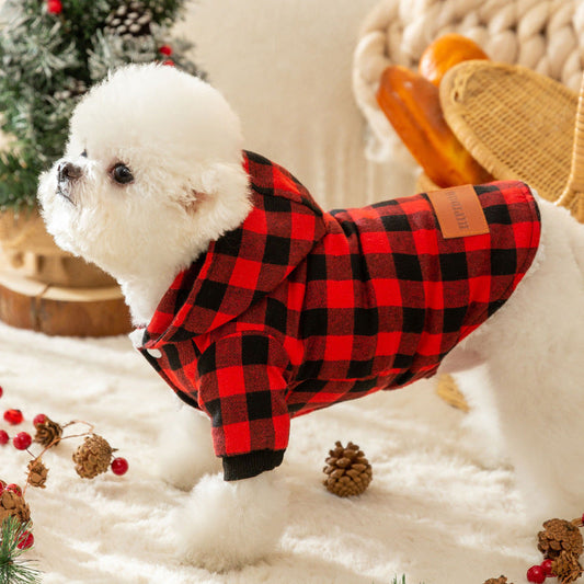 HKM-625683 Classic Plaid Hooded Cotton-Padded Coat for Dogs in Dreher Red and Dean Green Patterns, Multiple Sizes Available