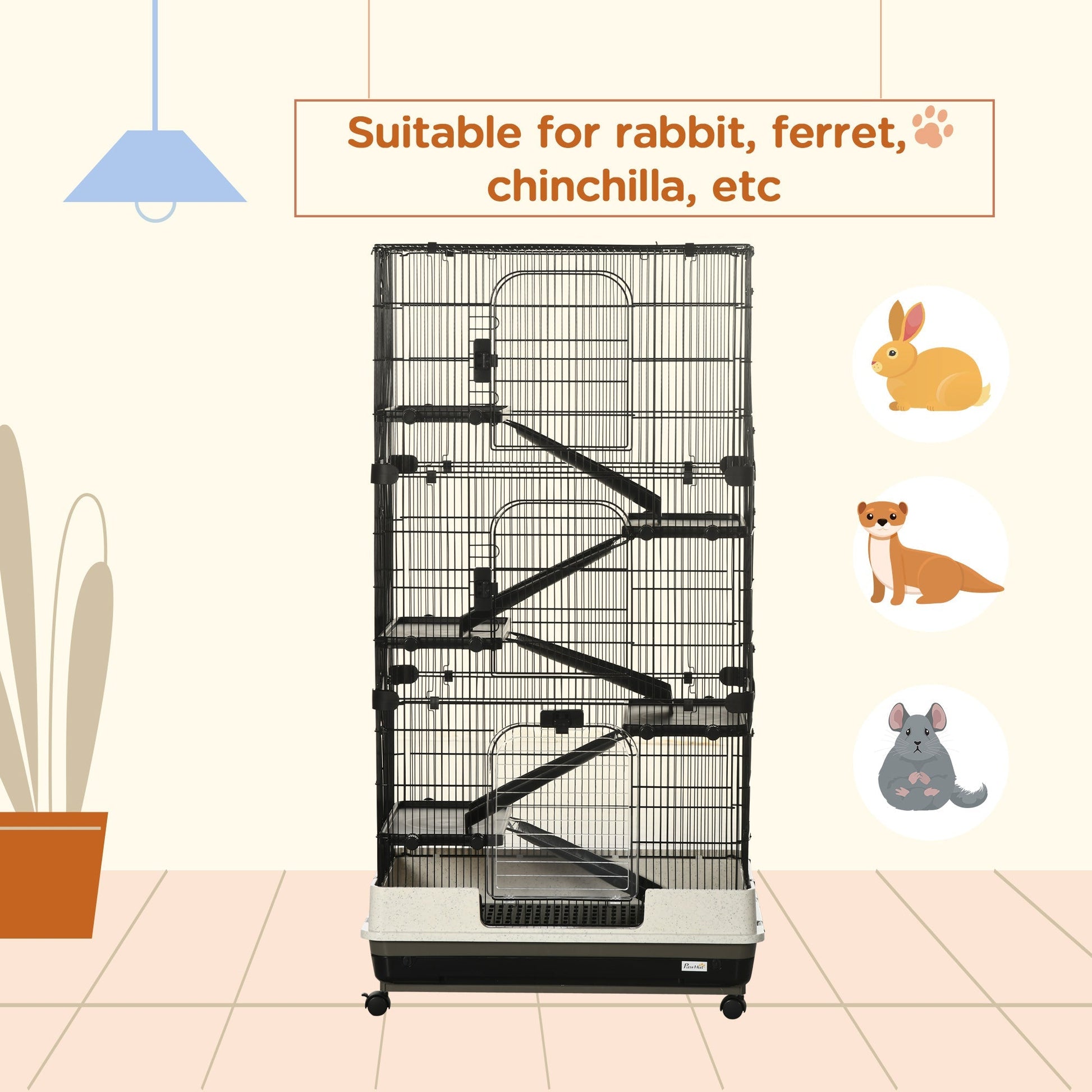 HKM-6257597 6-Tier Rolling Small Animal Cage with Spacious Living Area for Rabbits and Other Small Pets