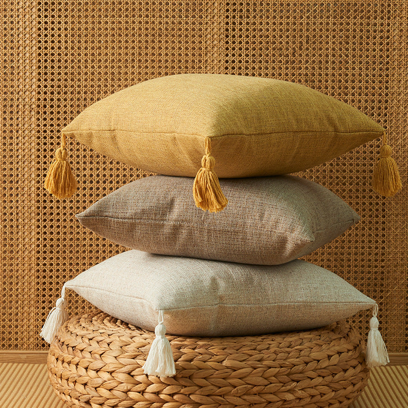 HKM-626131 Solid Color Cotton Linen Fringe Pillow with Various Color and Filling Options