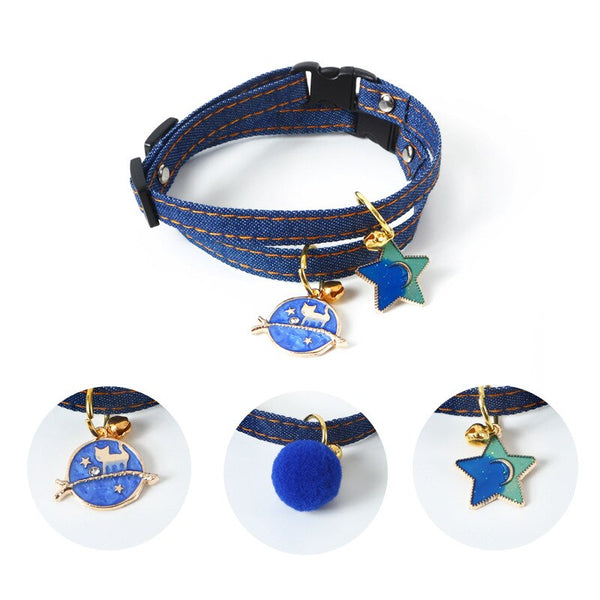 HKM-6261693 Denim Pet Collar with Five-Pointed Star Pendant, Adjustable 17-30cm Size