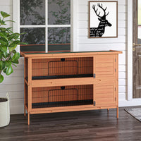 HKM-6263357 2-Story Wooden Rabbit Hutch with Lockable Doors and Waterproof Roof, Ideal Habitat for Small Animals