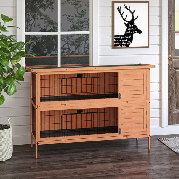 HKM-6263357 2-Story Wooden Rabbit Hutch with Lockable Doors and Waterproof Roof, Ideal Habitat for Small Animals