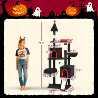 HKM-6270909 Gothic Cat Tree with Coffin Bed, Two Condos, Sisal Scratching Posts, and Bat Teaser Balls