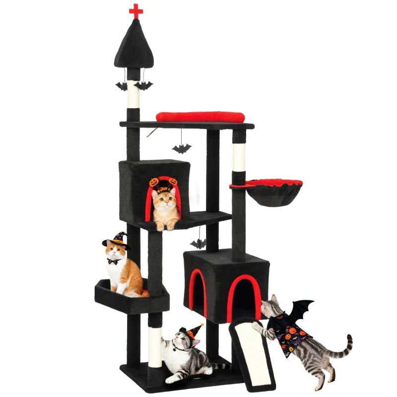 HKM-6270909 Gothic Cat Tree with Coffin Bed, Two Condos, Sisal Scratching Posts, and Bat Teaser Balls