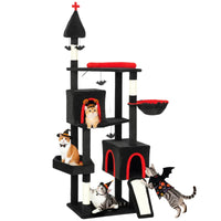 HKM-6270909 Gothic Cat Tree with Coffin Bed, Two Condos, Sisal Scratching Posts, and Bat Teaser Balls