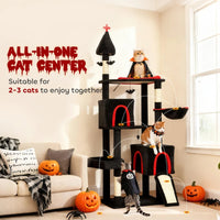 HKM-6270909 Gothic Cat Tree with Coffin Bed, Two Condos, Sisal Scratching Posts, and Bat Teaser Balls