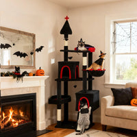 HKM-6270909 Gothic Cat Tree with Coffin Bed, Two Condos, Sisal Scratching Posts, and Bat Teaser Balls