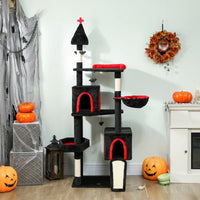 HKM-6270909 Gothic Cat Tree with Coffin Bed, Two Condos, Sisal Scratching Posts, and Bat Teaser Balls