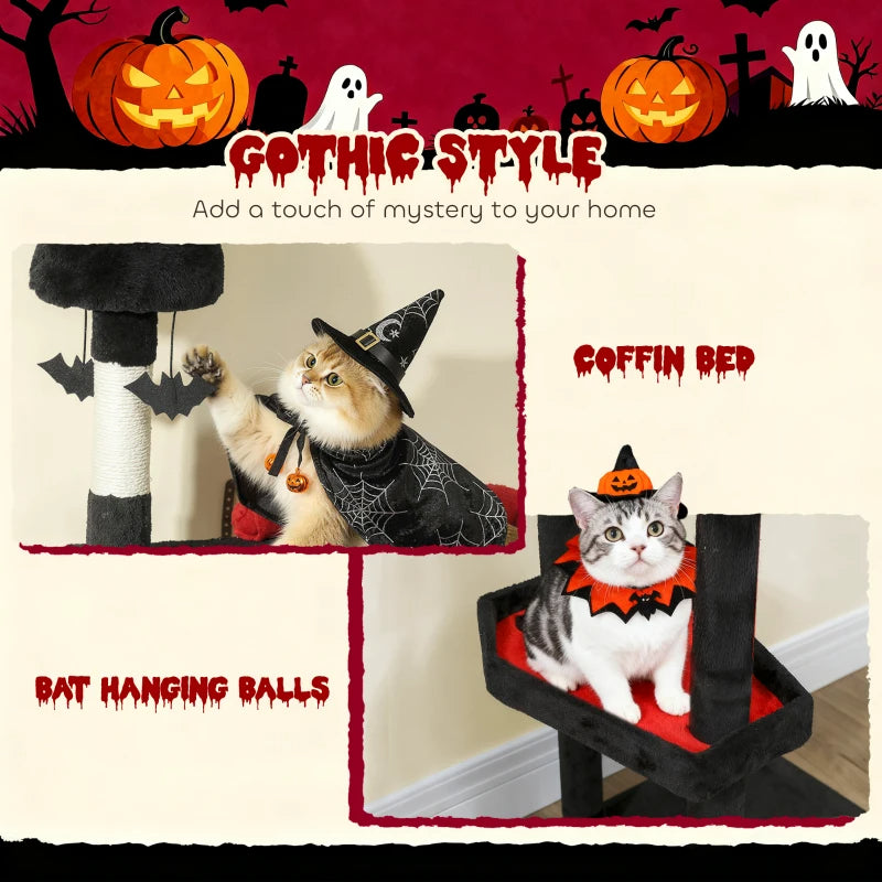 HKM-6270909 Gothic Cat Tree with Coffin Bed, Two Condos, Sisal Scratching Posts, and Bat Teaser Balls