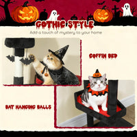 HKM-6270909 Gothic Cat Tree with Coffin Bed, Two Condos, Sisal Scratching Posts, and Bat Teaser Balls