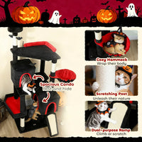 HKM-6270909 Gothic Cat Tree with Coffin Bed, Two Condos, Sisal Scratching Posts, and Bat Teaser Balls