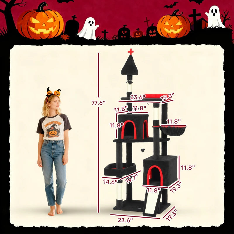 HKM-6270909 Gothic Cat Tree with Coffin Bed, Two Condos, Sisal Scratching Posts, and Bat Teaser Balls