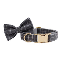 HKM-6271421 Gray Plaid Flannel Dog Collar and Leash Set with Bow and Vest